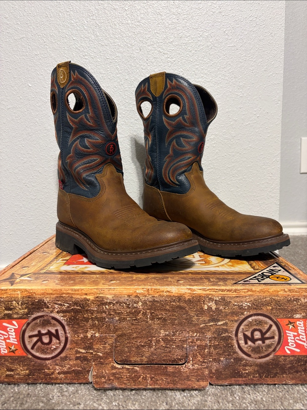 Tony Lama Brown Foot with Navy Embroidered Shaft Western Work Boots